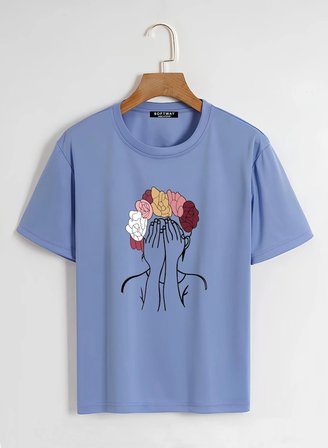 Unisex Oversize Bisiklet Yaka Colorful Hair Baskılı Basic T-Shirt - MAVİ