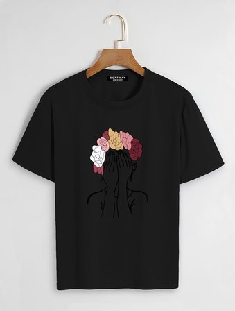 Unisex Oversize Bisiklet Yaka Colorful Hair Baskılı Basic T-Shirt - SİYAH