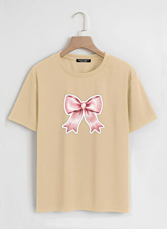 Unisex Oversize Bisiklet Yaka Powder Pink Ribbon Baskılı Basic T-Shirt - BEJ