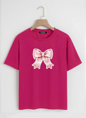 Unisex Oversize Bisiklet Yaka Powder Pink Ribbon Baskılı Basic T-Shirt - FUŞYA