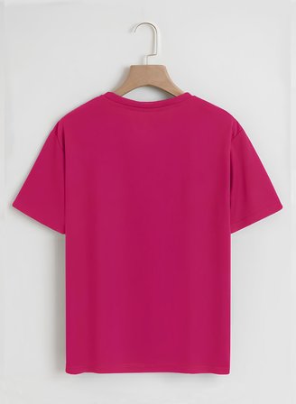 Unisex Oversize Bisiklet Yaka Powder Pink Ribbon Baskılı Basic T-Shirt - FUŞYA