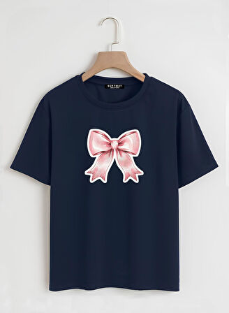 Unisex Oversize Bisiklet Yaka Powder Pink Ribbon Baskılı Basic T-Shirt - LACİVERT