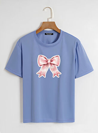 Unisex Oversize Bisiklet Yaka Powder Pink Ribbon Baskılı Basic T-Shirt - MAVİ