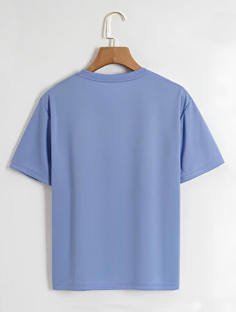 Unisex Oversize Bisiklet Yaka Powder Pink Ribbon Baskılı Basic T-Shirt - MAVİ
