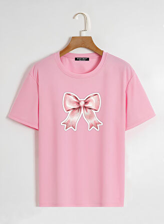 Unisex Oversize Bisiklet Yaka Powder Pink Ribbon Baskılı Basic T-Shirt - PEMBE