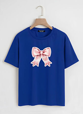 Unisex Oversize Bisiklet Yaka Powder Pink Ribbon Baskılı Basic T-Shirt - SAKS MAVİSİ