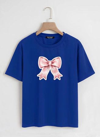 Unisex Oversize Bisiklet Yaka Powder Pink Ribbon Baskılı Basic T-Shirt - SAKS MAVİSİ
