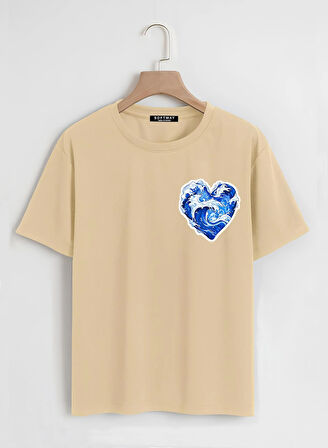 Unisex Oversize Bisiklet Yaka Ocean Heart Baskılı Basic T-Shirt - BEJ