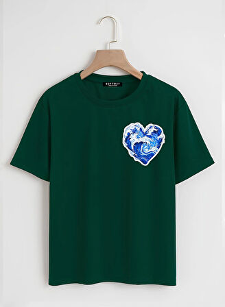 Unisex Oversize Bisiklet Yaka Ocean Heart Baskılı Basic T-Shirt - KOYU YEŞİL