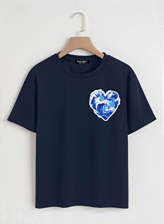 Unisex Oversize Bisiklet Yaka Ocean Heart Baskılı Basic T-Shirt - LACİVERT