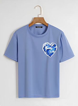 Unisex Oversize Bisiklet Yaka Ocean Heart Baskılı Basic T-Shirt - MAVİ