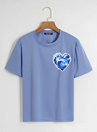 Unisex Oversize Bisiklet Yaka Ocean Heart Baskılı Basic T-Shirt - MAVİ