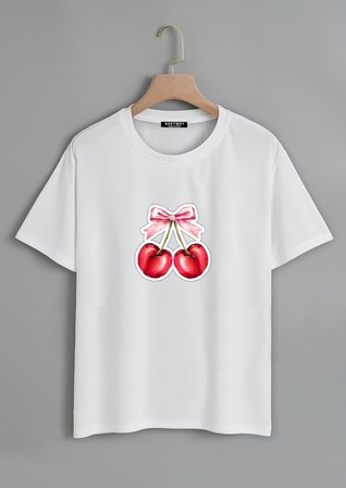 Unisex Oversize Bisiklet Yaka Ribbon Cherry Baskılı Basic T-Shirt - BEYAZ