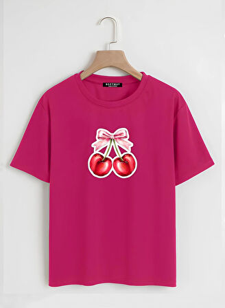 Unisex Oversize Bisiklet Yaka Ribbon Cherry Baskılı Basic T-Shirt - FUŞYA