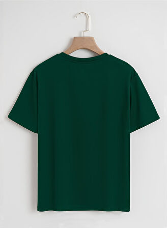 Unisex Oversize Bisiklet Yaka Ribbon Cherry Baskılı Basic T-Shirt - KOYU YEŞİL