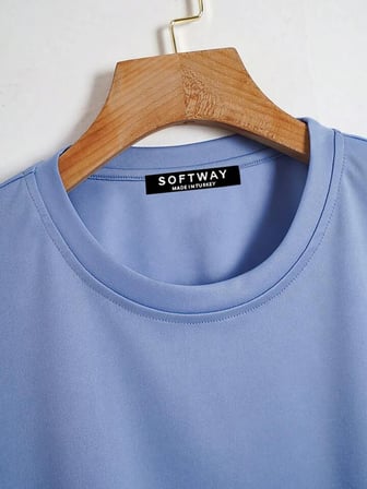 Unisex Oversize Bisiklet Yaka Ribbon Cherry Baskılı Basic T-Shirt - MAVİ