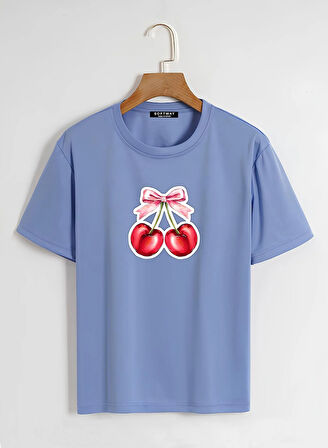Unisex Oversize Bisiklet Yaka Ribbon Cherry Baskılı Basic T-Shirt - MAVİ