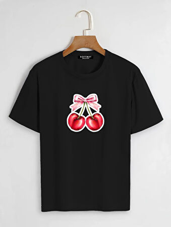 Unisex Oversize Bisiklet Yaka Ribbon Cherry Baskılı Basic T-Shirt - SİYAH