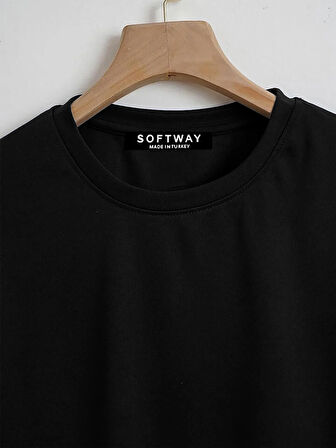 Unisex Oversize Bisiklet Yaka Ribbon Cherry Baskılı Basic T-Shirt - SİYAH