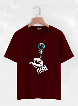 Unisex Oversize Bisiklet Yaka Hang Loose Baskılı Basic T-Shirt - BORDO