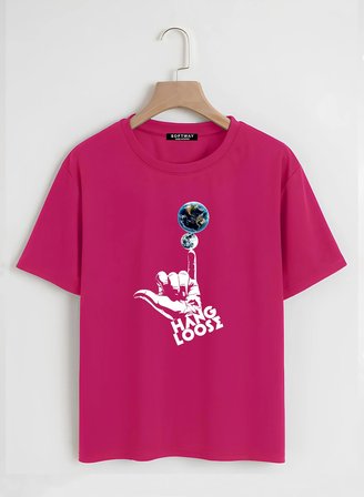 Unisex Oversize Bisiklet Yaka Hang Loose Baskılı Basic T-Shirt - FUŞYA