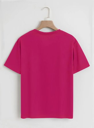 Unisex Oversize Bisiklet Yaka Hang Loose Baskılı Basic T-Shirt - FUŞYA