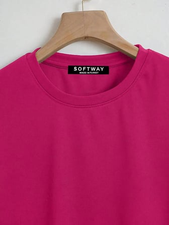 Unisex Oversize Bisiklet Yaka Hang Loose Baskılı Basic T-Shirt - FUŞYA
