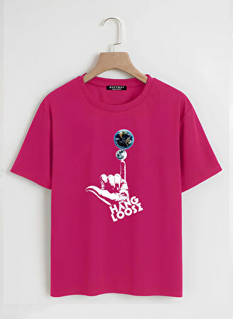 Unisex Oversize Bisiklet Yaka Hang Loose Baskılı Basic T-Shirt - FUŞYA