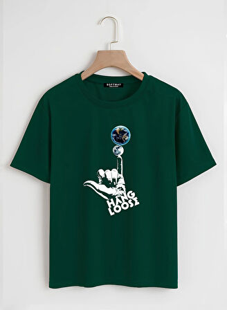 Unisex Oversize Bisiklet Yaka Hang Loose Baskılı Basic T-Shirt - KOYU YEŞİL