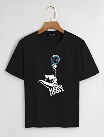 Unisex Oversize Bisiklet Yaka Hang Loose Baskılı Basic T-Shirt - SİYAH