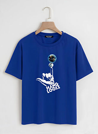 Unisex Oversize Bisiklet Yaka Hang Loose Baskılı Basic T-Shirt - SAKS MAVİSİ