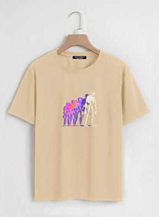 Unisex Oversize Bisiklet Yaka Colorful Skeleton Baskılı Basic T-Shirt - BEJ