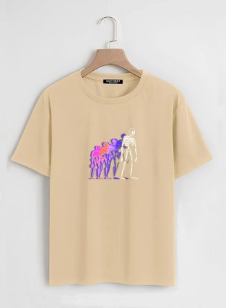 Unisex Oversize Bisiklet Yaka Colorful Skeleton Baskılı Basic T-Shirt - BEJ