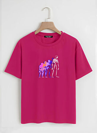 Unisex Oversize Bisiklet Yaka Colorful Skeleton Baskılı Basic T-Shirt - FUŞYA