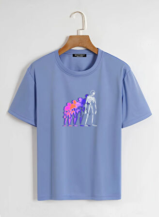 Unisex Oversize Bisiklet Yaka Colorful Skeleton Baskılı Basic T-Shirt - MAVİ