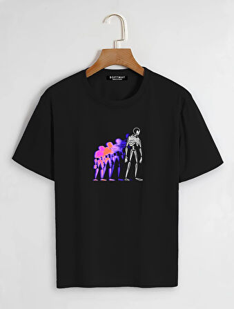 Unisex Oversize Bisiklet Yaka Colorful Skeleton Baskılı Basic T-Shirt - SİYAH
