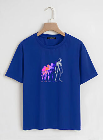 Unisex Oversize Bisiklet Yaka Colorful Skeleton Baskılı Basic T-Shirt - SAKS MAVİSİ
