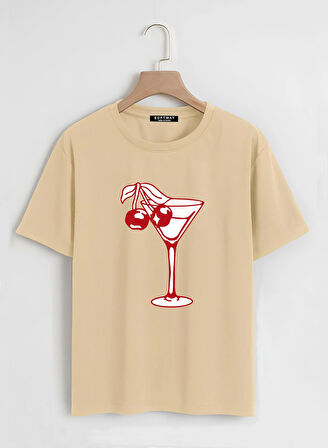 Unisex Oversize Bisiklet Yaka Cherry Cocktail Baskılı Basic T-Shirt - BEJ