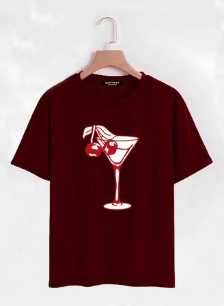Unisex Oversize Bisiklet Yaka Cherry Cocktail Baskılı Basic T-Shirt - BORDO