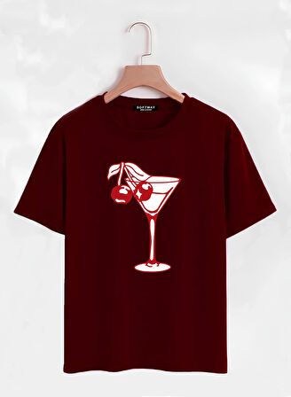 Unisex Oversize Bisiklet Yaka Cherry Cocktail Baskılı Basic T-Shirt - BORDO