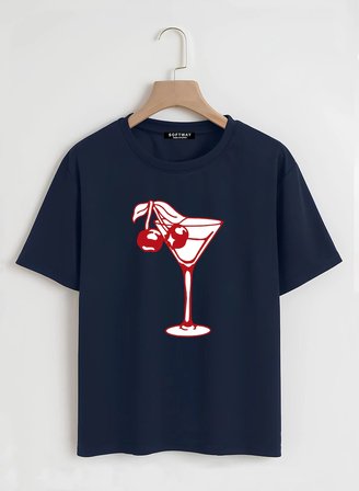Unisex Oversize Bisiklet Yaka Cherry Cocktail Baskılı Basic T-Shirt - LACİVERT