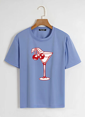 Unisex Oversize Bisiklet Yaka Cherry Cocktail Baskılı Basic T-Shirt - MAVİ