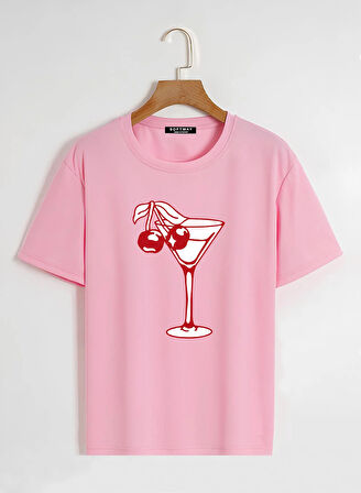 Unisex Oversize Bisiklet Yaka Cherry Cocktail Baskılı Basic T-Shirt - PEMBE