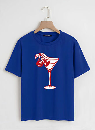 Unisex Oversize Bisiklet Yaka Cherry Cocktail Baskılı Basic T-Shirt - SAKS MAVİSİ