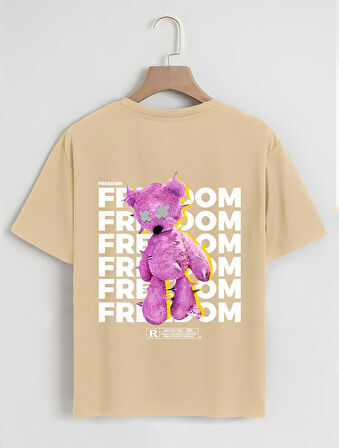 Unisex Oversize Bisiklet Yaka Freedom Baskılı Basic T-Shirt - BEJ