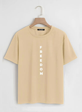 Unisex Oversize Bisiklet Yaka Freedom Baskılı Basic T-Shirt - BEJ
