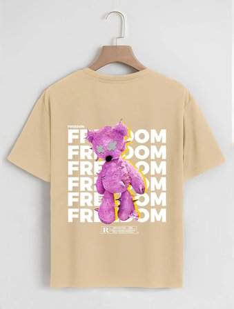 Unisex Oversize Bisiklet Yaka Freedom Baskılı Basic T-Shirt - BEJ