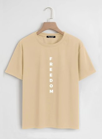 Unisex Oversize Bisiklet Yaka Freedom Baskılı Basic T-Shirt - BEJ