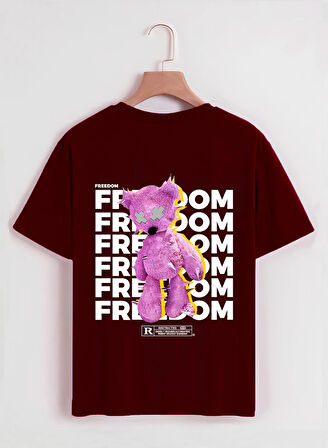Unisex Oversize Bisiklet Yaka Freedom Baskılı Basic T-Shirt - BORDO