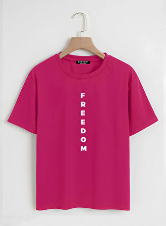 Unisex Oversize Bisiklet Yaka Freedom Baskılı Basic T-Shirt - FUŞYA